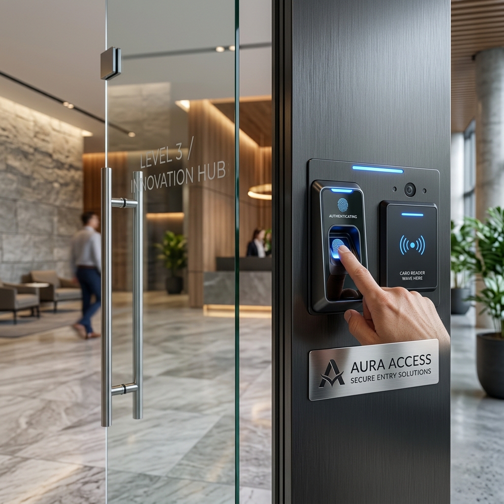 All IT Solutions Access Control mockup displaying a smart card reader and biometric fingerprint scanner mounted next to a high-end secure glass office door