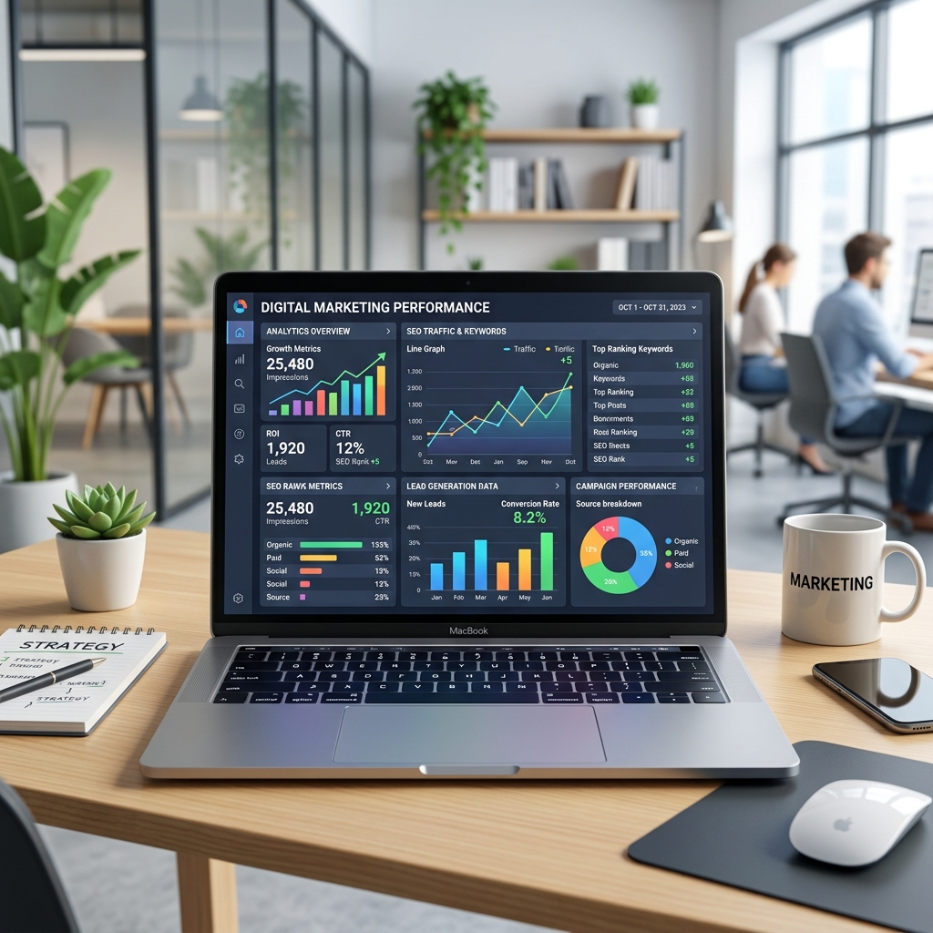 All IT Solutions Digital Marketing Dashboard showing ROI and Traffic growth graphs on screen
