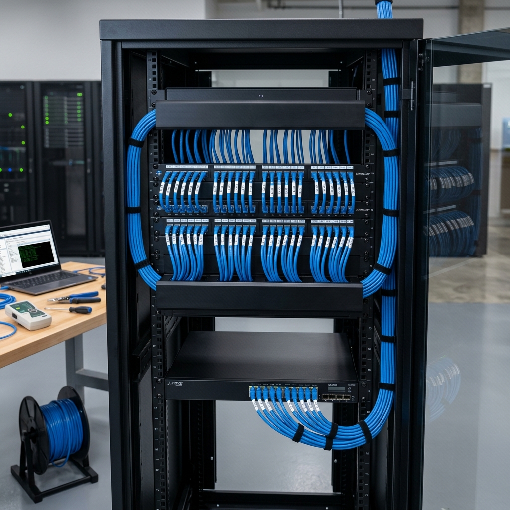 All IT Solutions Structured Network Cabling showing clean blue Cat6 ethernet cables routed neatly into patch panels on a server rack