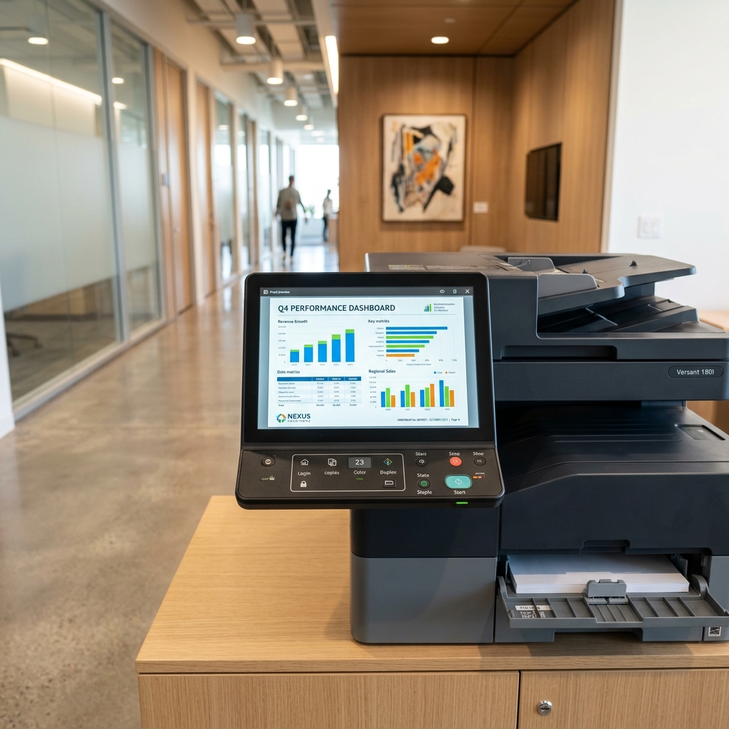 All IT Solutions Managed Printing displaying a high-speed business color printer and copier showing performance charts on its touchscreen display